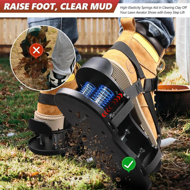 RIFPOD Lawn Aerator Shoes for Grass, Double Layer with Spiked Bottom and Spring Base, Soil Yard Aerator Tool for Aerating Patio Garden with Adjustable Strap, Black
